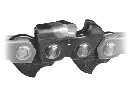 Chainsaw chain with a depth gauge and cutting tooth visible.