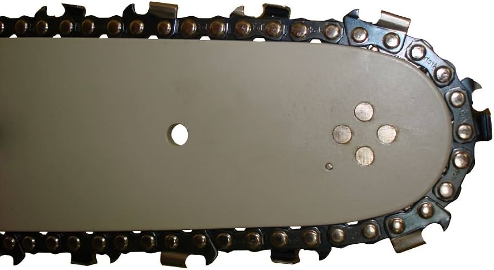 Close-up of a chainsaw bar and chain.