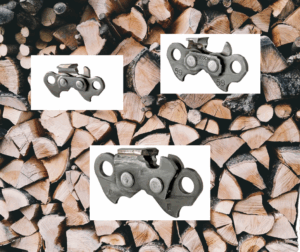 saw chains with stacked wood as background