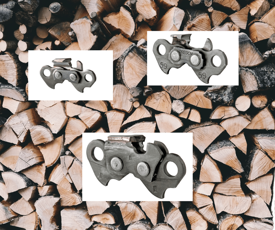 saw chains with stacked wood as background