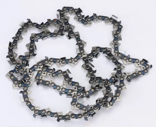 Coiled chainsaw chain on white surface