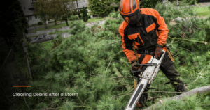 man using chainsaw to clear debris
