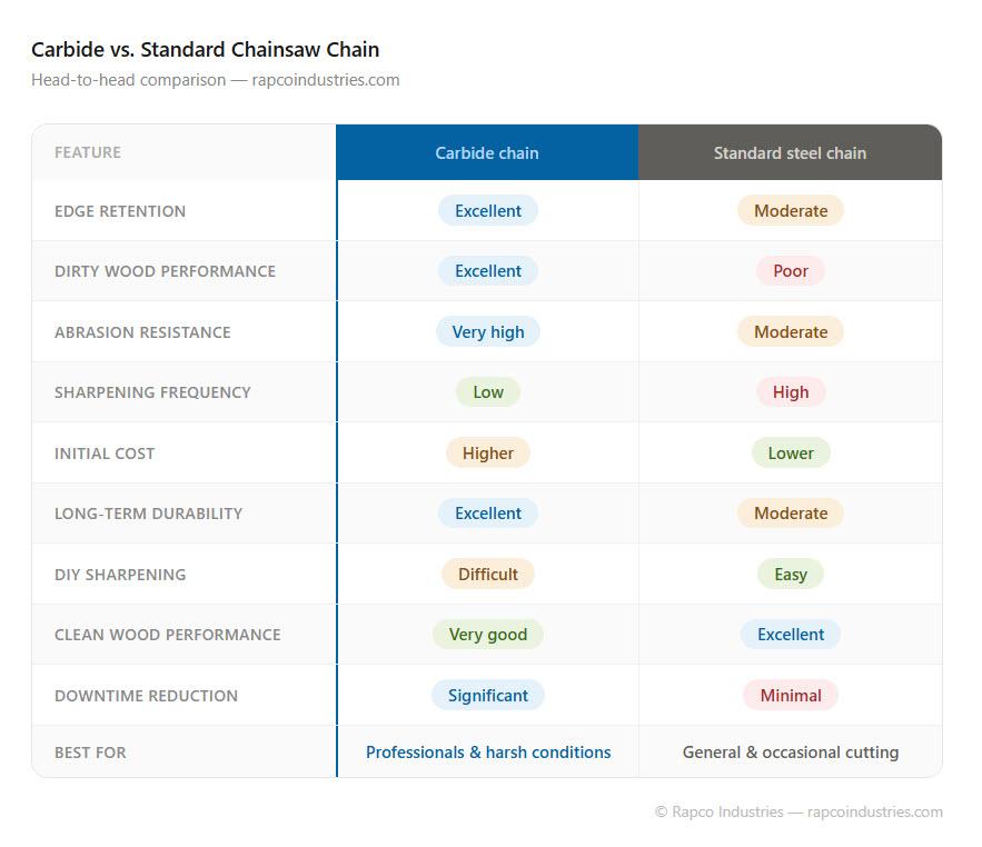table comparing carbide chain to steel chain